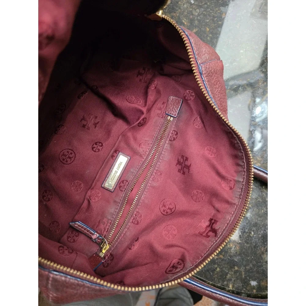 Tory Burch Brody Satchel Large Burgundy Pebbled Leather Gold Logo Duffel Bag
